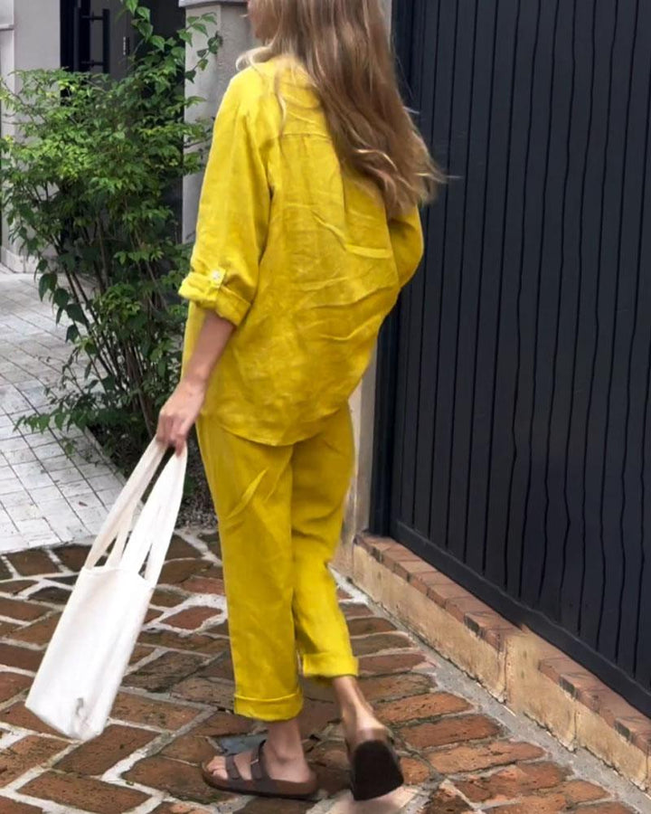Casual Solid Color V-Neck Shirt &amp; Pants Cotton Linen Two-Piece Set