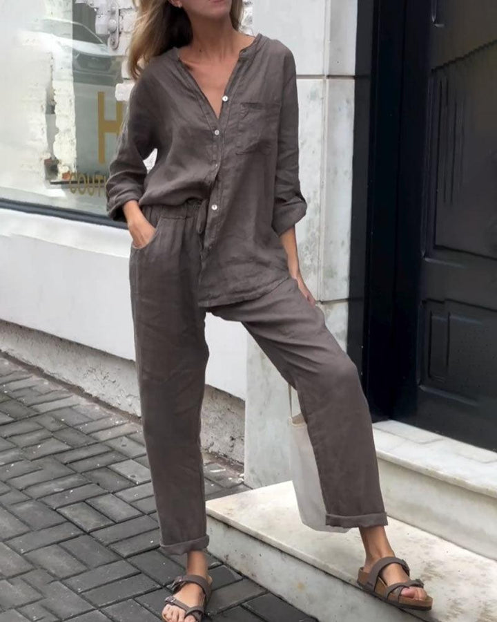 Casual Solid Color V-Neck Shirt &amp; Pants Cotton Linen Two-Piece Set