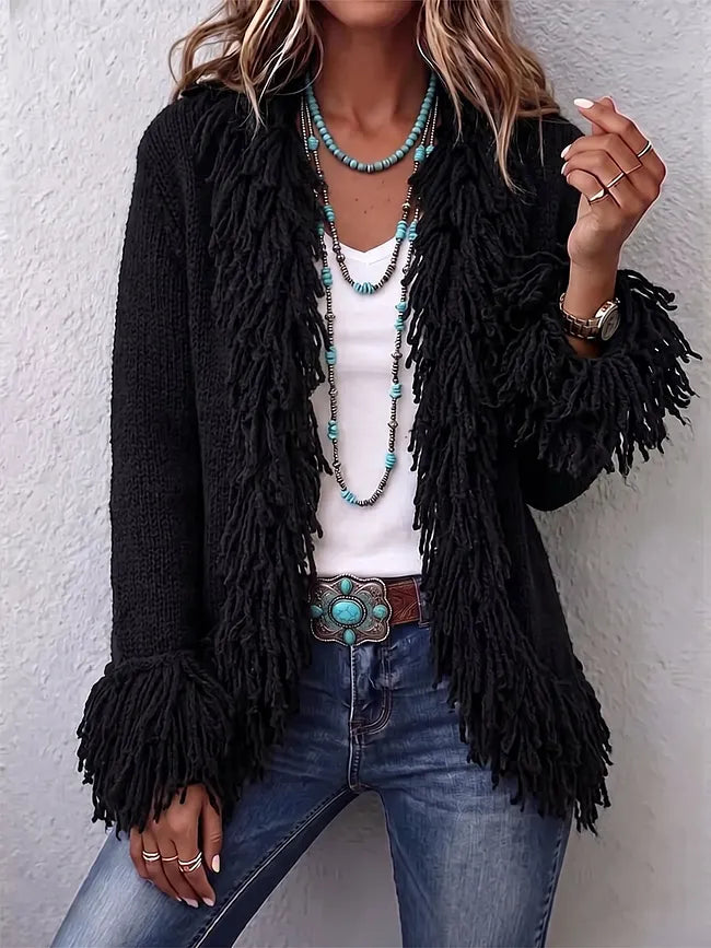 Cozy Beige Fringe Trim Open-Front Knit Cardigan Beige