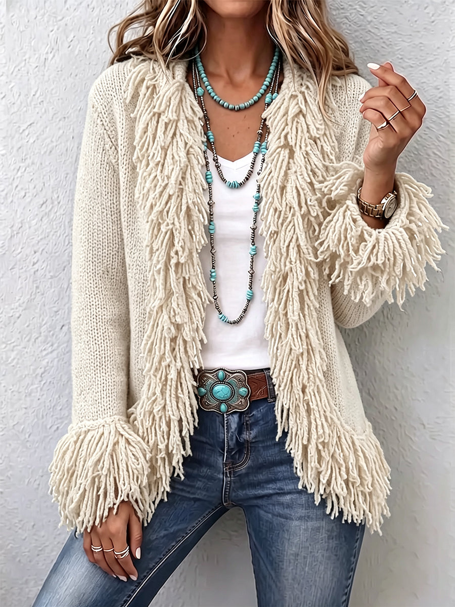 Cozy Beige Fringe Trim Open-Front Knit Cardigan Black
