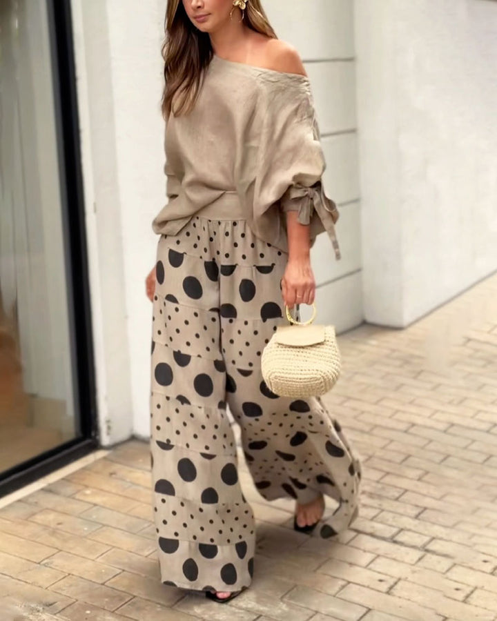 Casual Shoulder Top &amp; Printed Pants Two-Piece Set