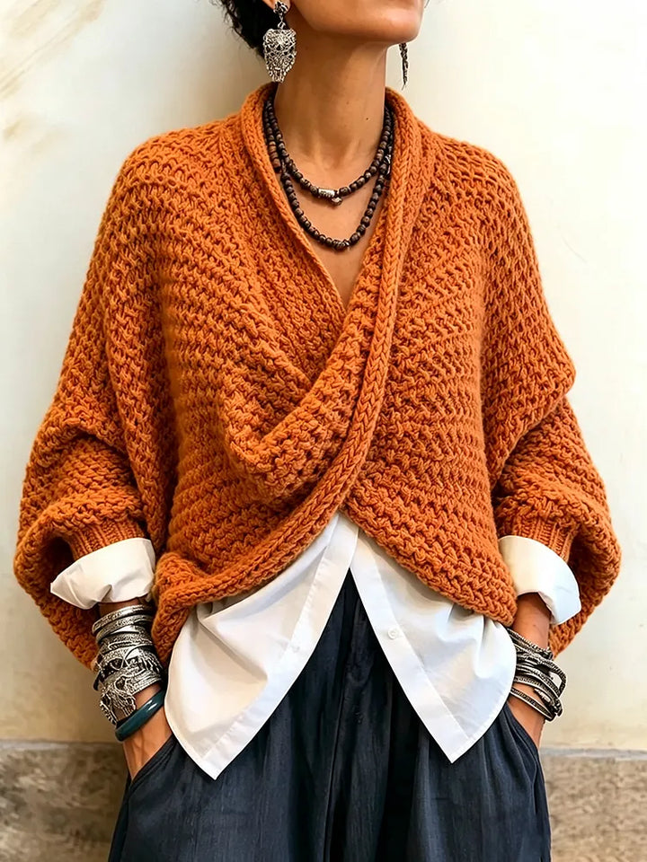 Cozy Relaxed Batwing Sleeves Crossover V-Neck Sweater