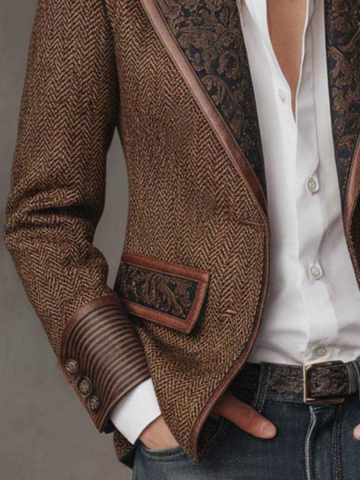 Savile | Herringbone Leather-Trim Tweed Blazer