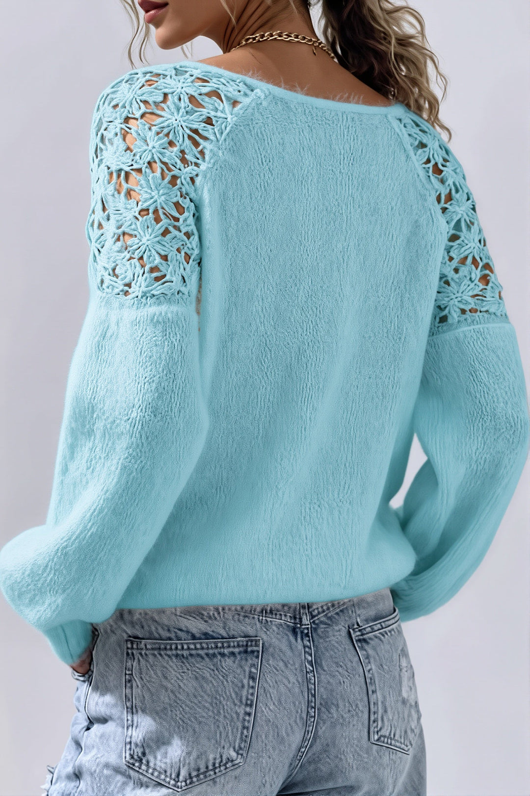 Sorrel | Lace Shoulder Fuzzy Relaxed Pullover Sweater