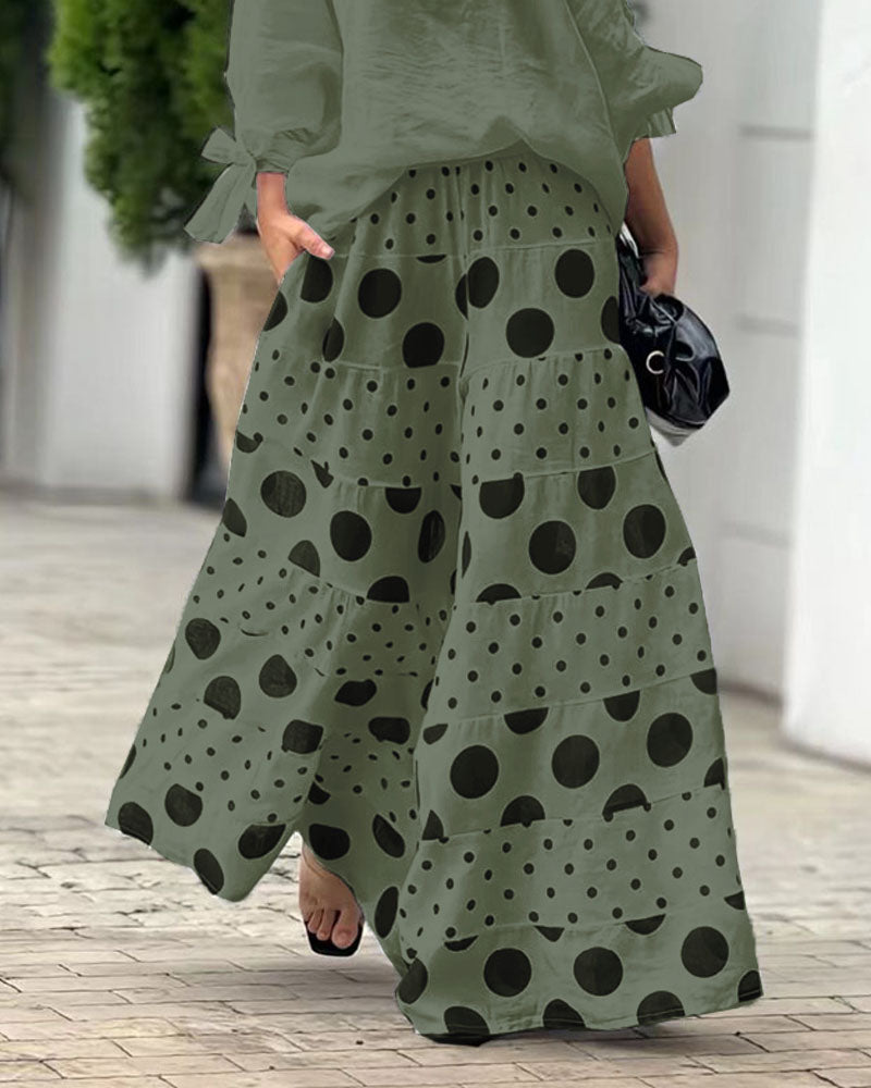 Casual Shoulder Top &amp; Printed Pants Two-Piece Set