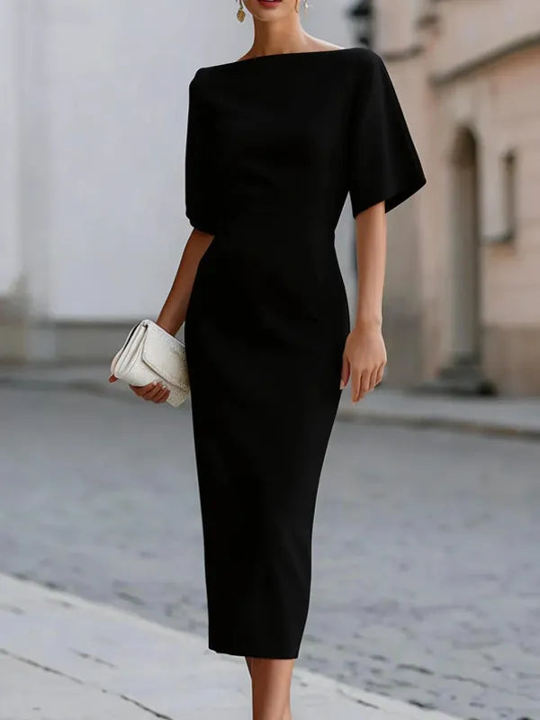 Boat Neck Midi-Length Fitted Dress