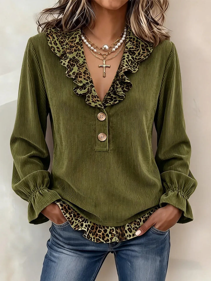 Chic Leopard-Trim Corduroy Blouse Green