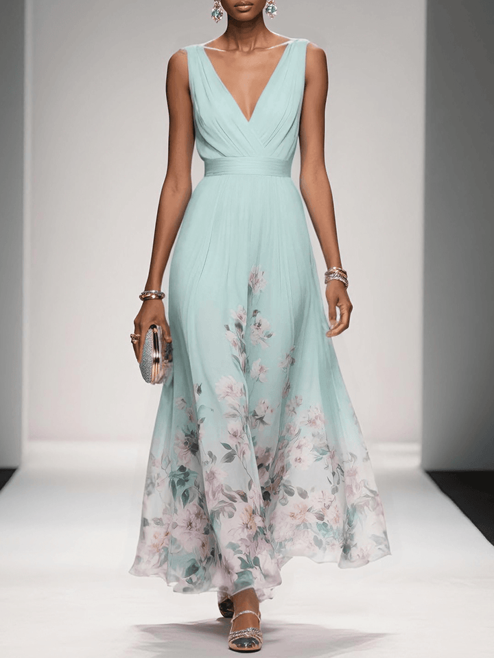 Light Blue Floral Chiffon V Neck Sleeveless A-Line Maxi Dress