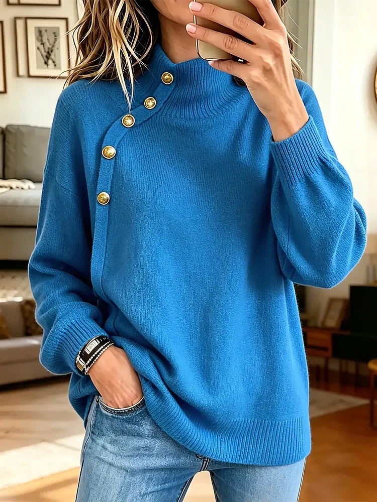 Vintage Elegant Color-Blocked Metal Buttons Sweater Black