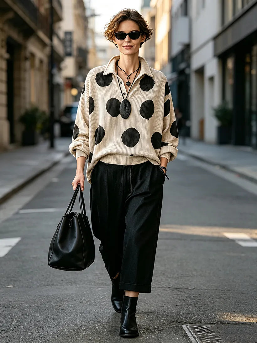 Cozy Oversized Polka Dot Lapel Collar Knit Top