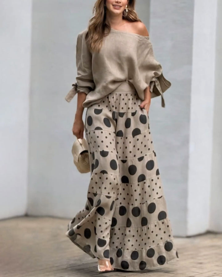 Casual Shoulder Top &amp; Printed Pants Two-Piece Set