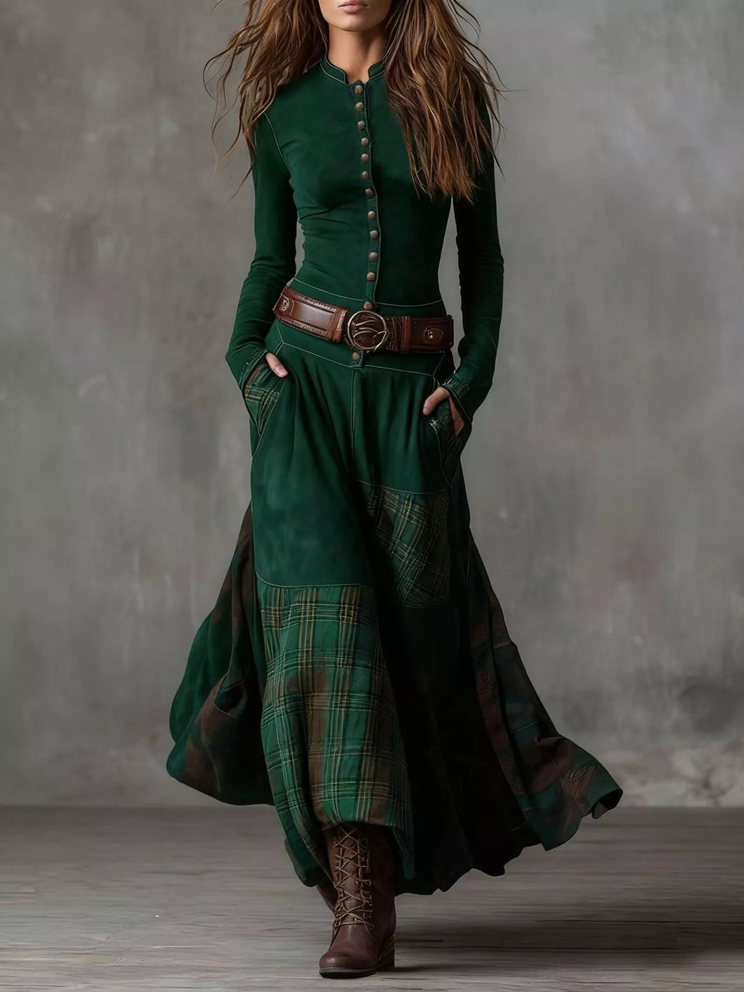 Marietta | Plaid Button Front Long Sleeve Dress
