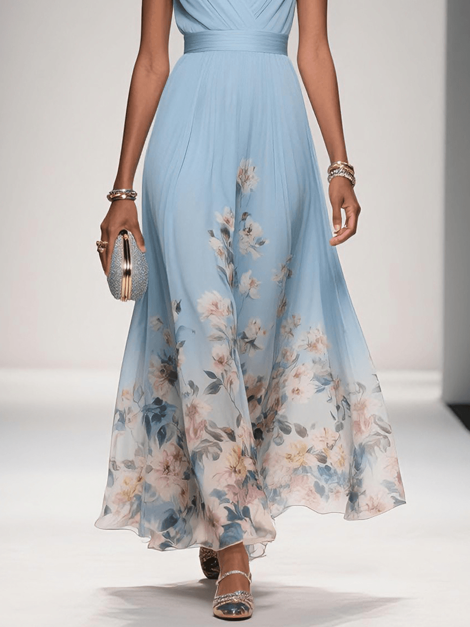 Light Blue Floral Chiffon V Neck Sleeveless A-Line Maxi Dress