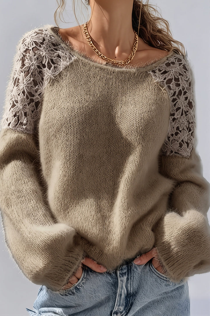Sorrel | Lace Shoulder Fuzzy Relaxed Pullover Sweater