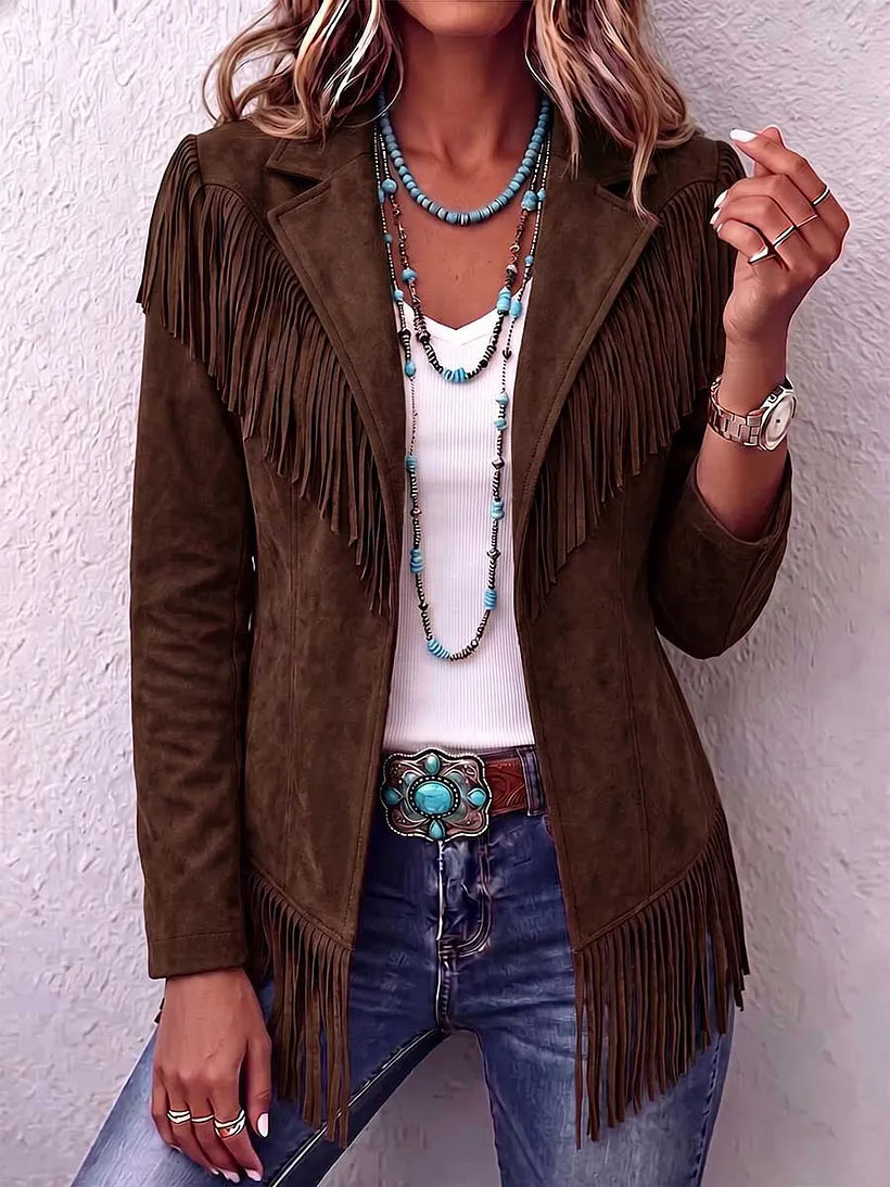 Women's Solid Color Lapel Tassel Jacket Brown