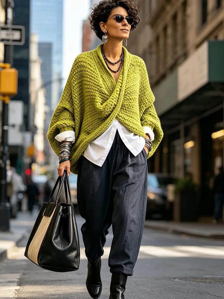 Cozy Relaxed Batwing Sleeves Crossover V-Neck Sweater