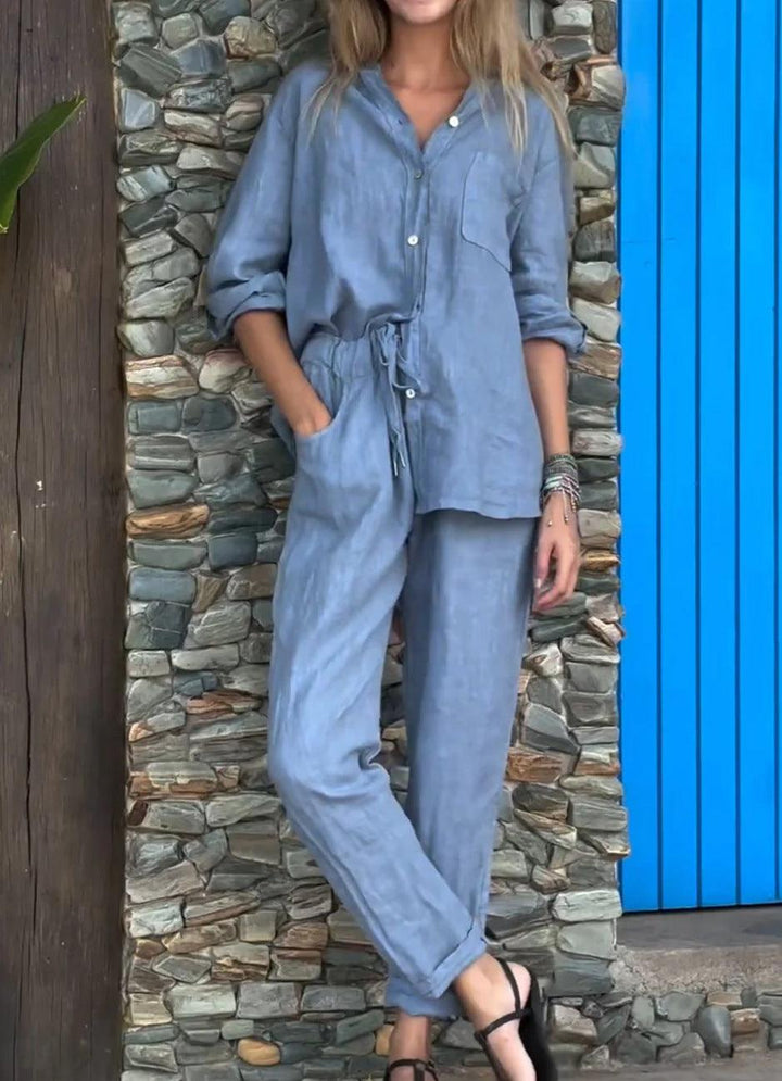 Casual Solid Color V-Neck Shirt &amp; Pants Cotton Linen Two-Piece Set