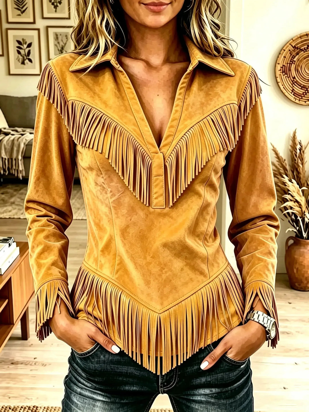 Saskia | Western Fringe Suede Pointed Hem Top