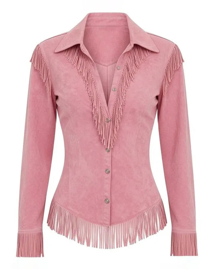 Fringe Trim Faux Suede Western Shirt