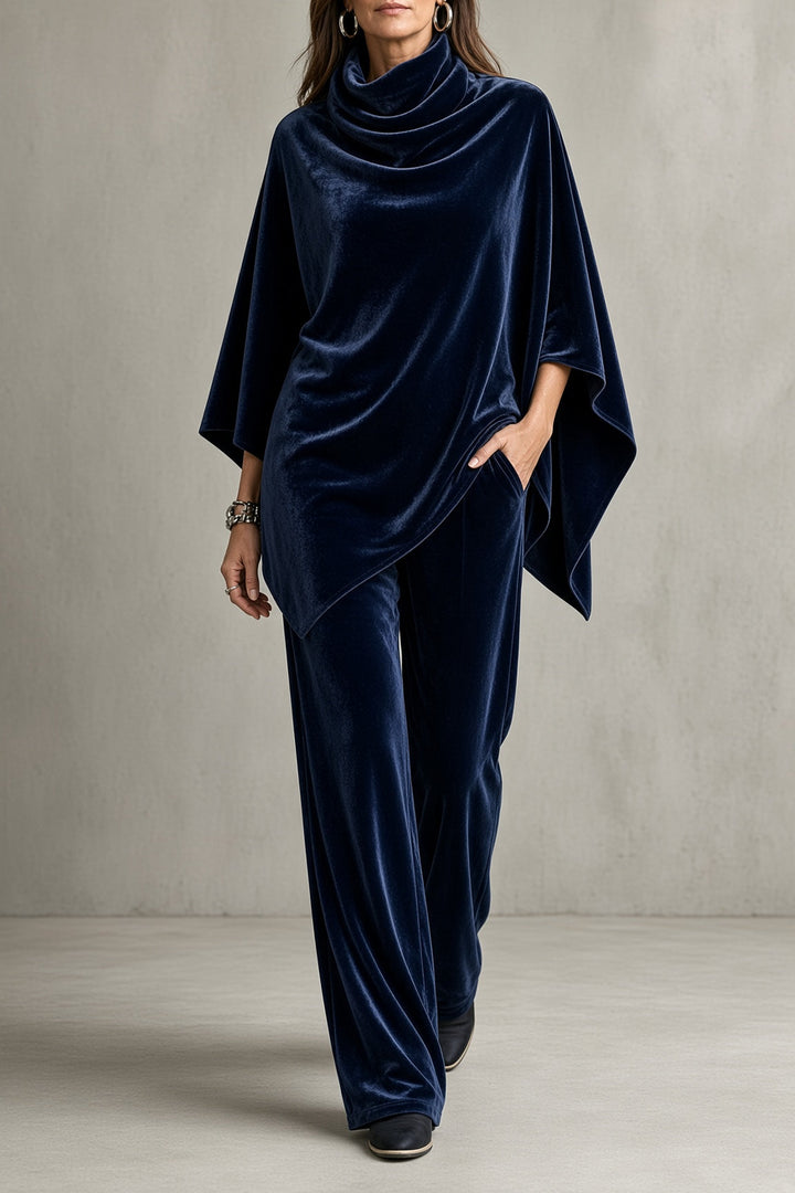 Thalia | Velvet Cowl-Neck Poncho Top and Wide-Leg Pants Set