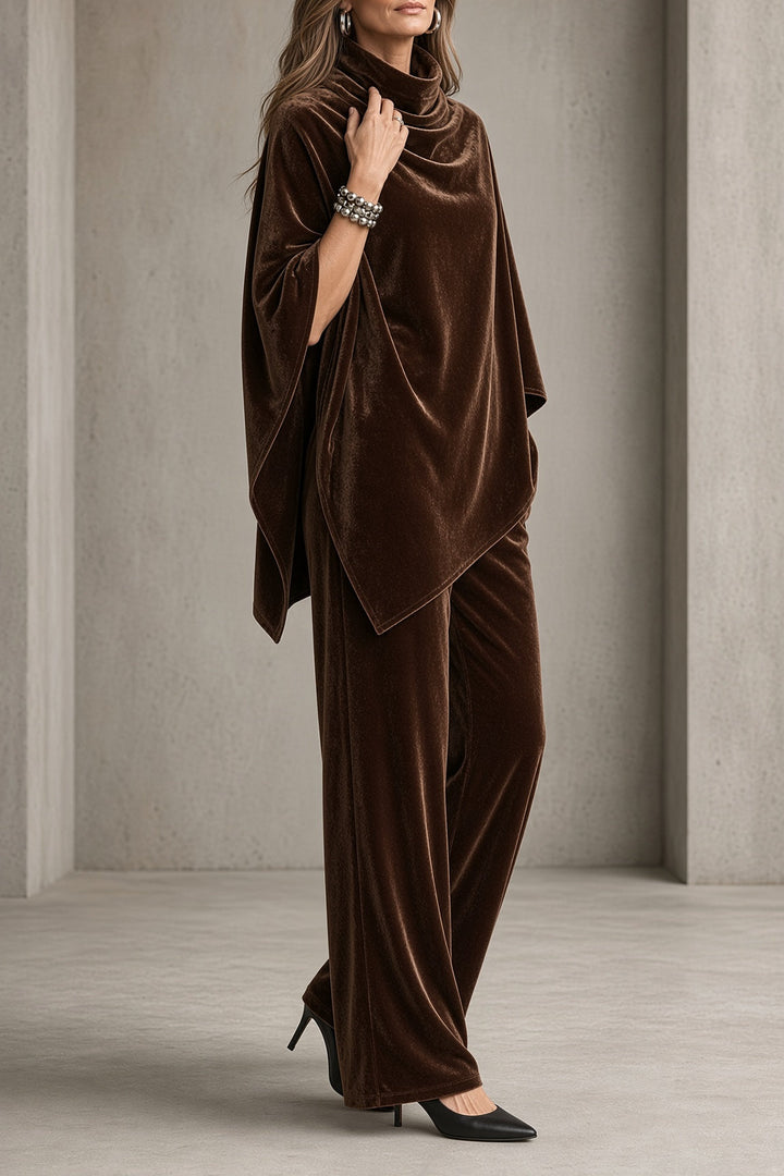 Thalia | Velvet Cowl-Neck Poncho Top and Wide-Leg Pants Set