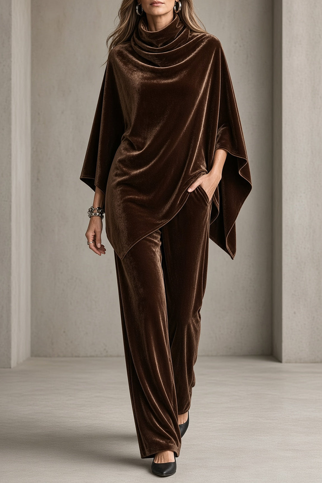 Thalia | Velvet Cowl-Neck Poncho Top and Wide-Leg Pants Set