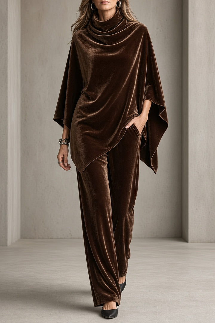 Thalia | Velvet Cowl-Neck Poncho Top and Wide-Leg Pants Set
