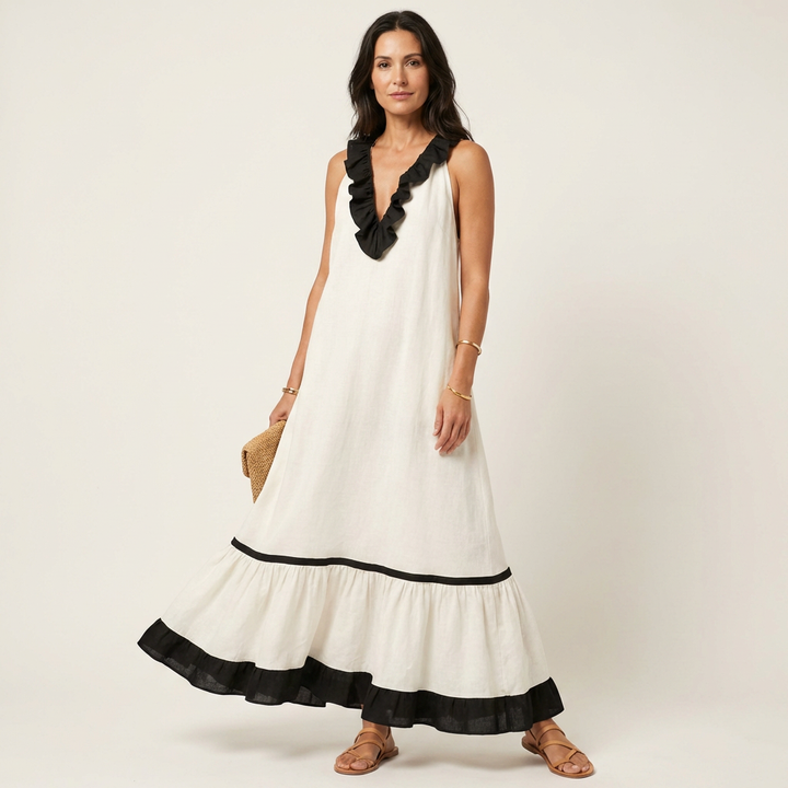 Mayline | Sleeveless Ruffle-Neck Contrast-Trim Maxi Dress