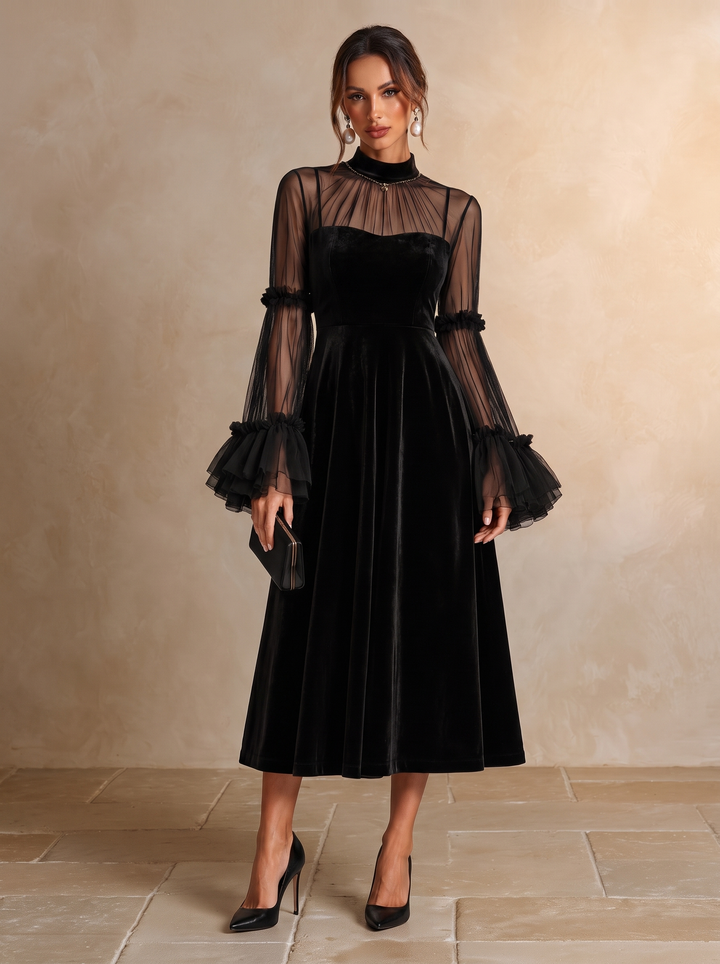 Berenice | Velvet Midi Dress with Tulle Sleeves
