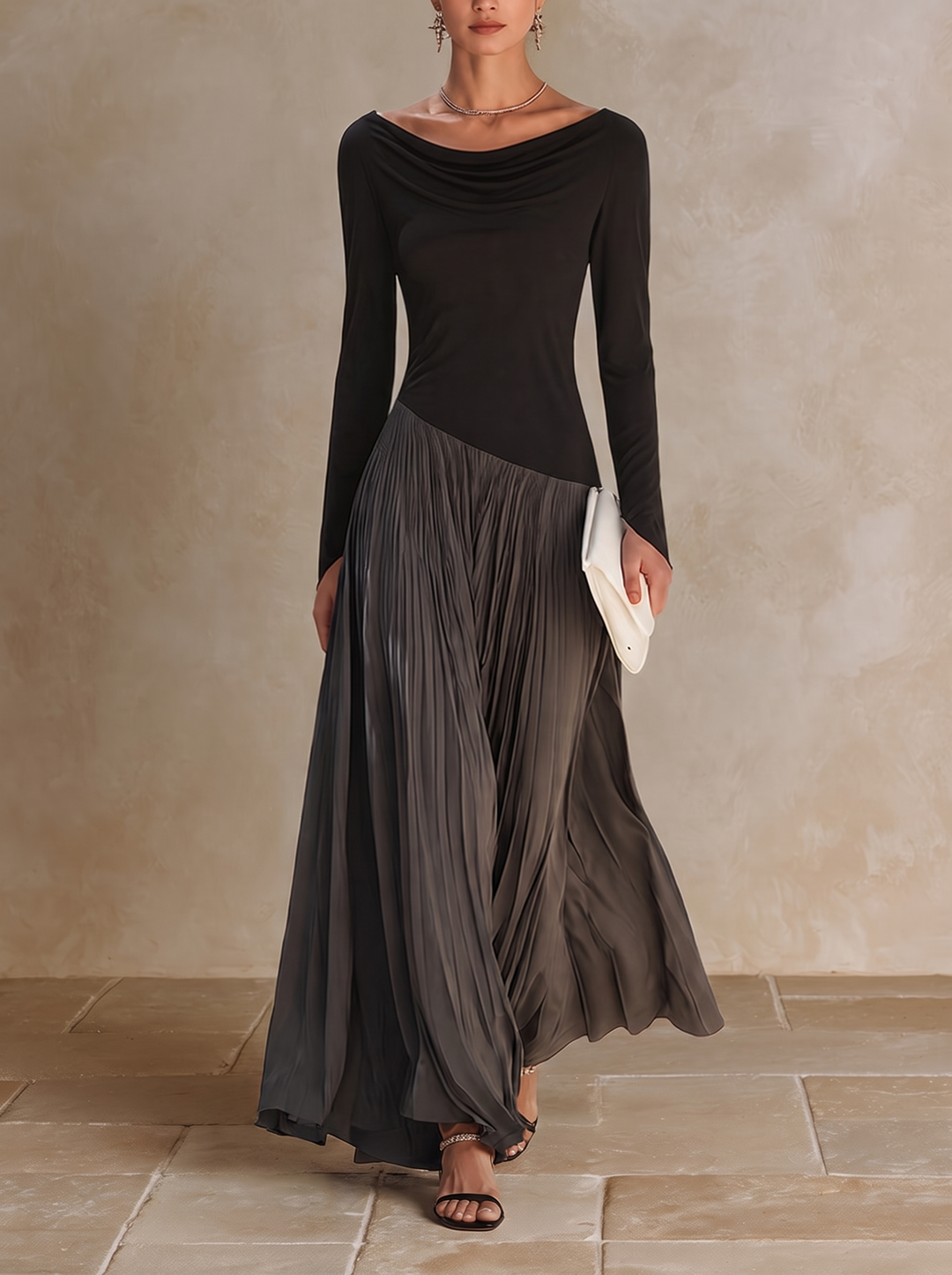 Virginia | Pleated Maxi Dress with Draped Collar