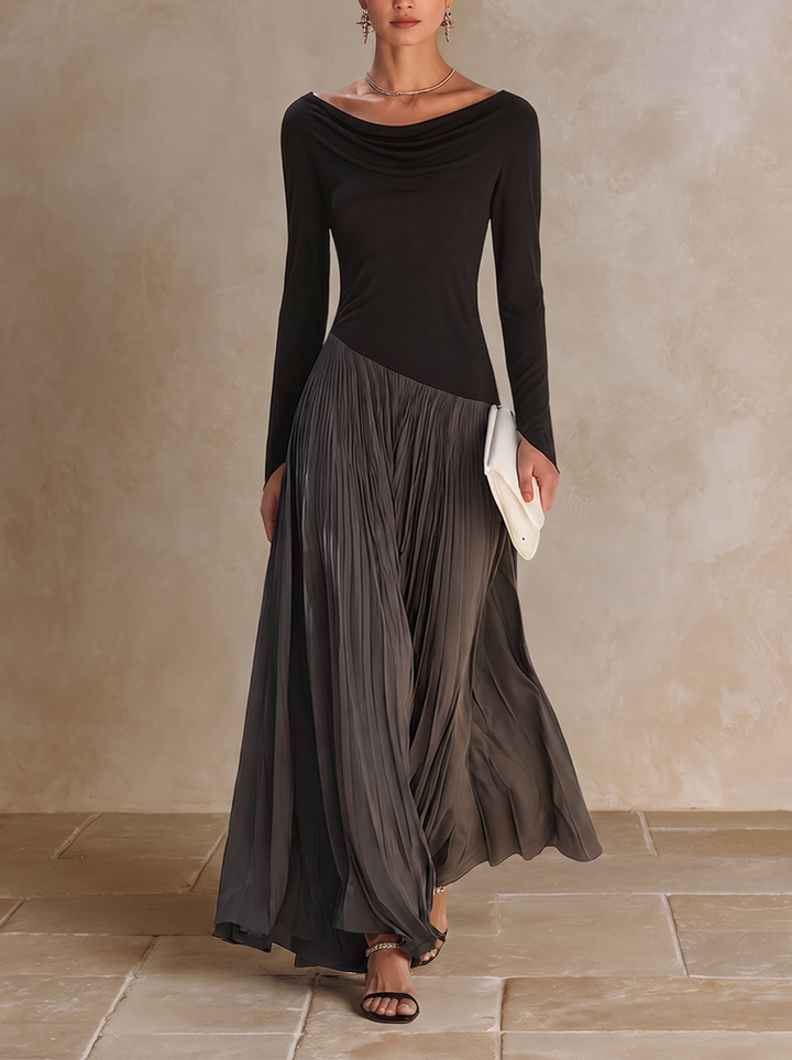 Virginia | Pleated Maxi Dress with Draped Collar