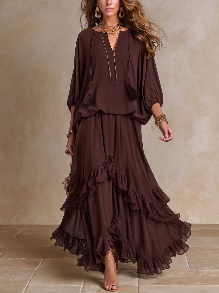 Dalila | Chiffon Top and Diagonal Ruffle Skirt Set