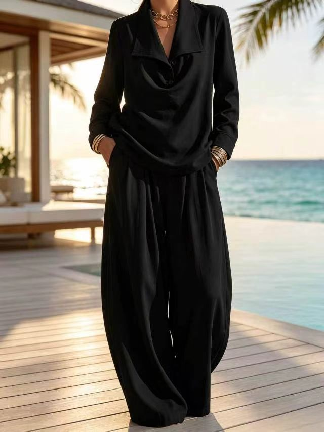 Ottilie™ Collared Pullover Top and Wide Leg Pants Set in Black