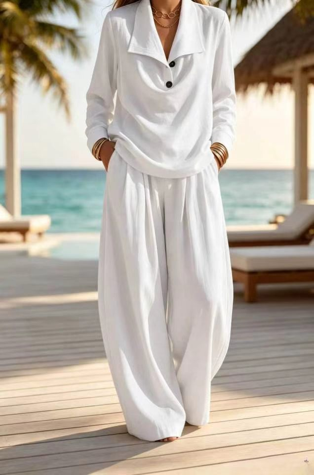 Ottilie™ Collared Pullover Top and Wide Leg Pants Set in White