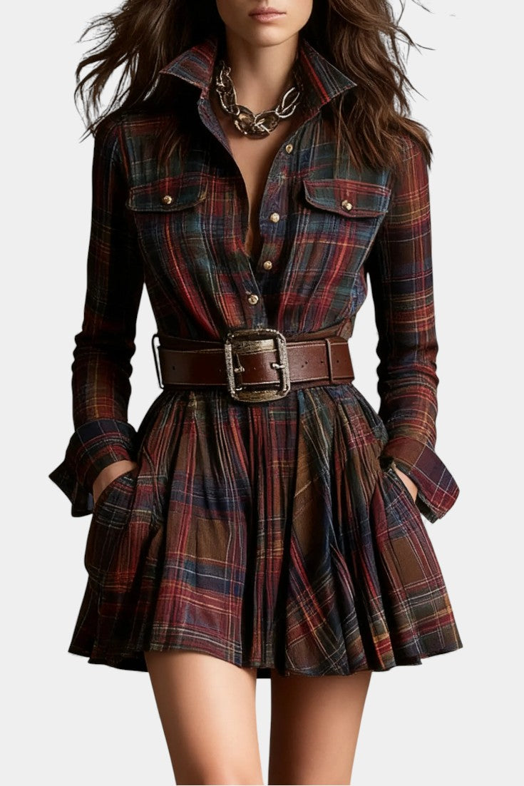 Bogdana | Vintage Plaid Mini Dress with Belt