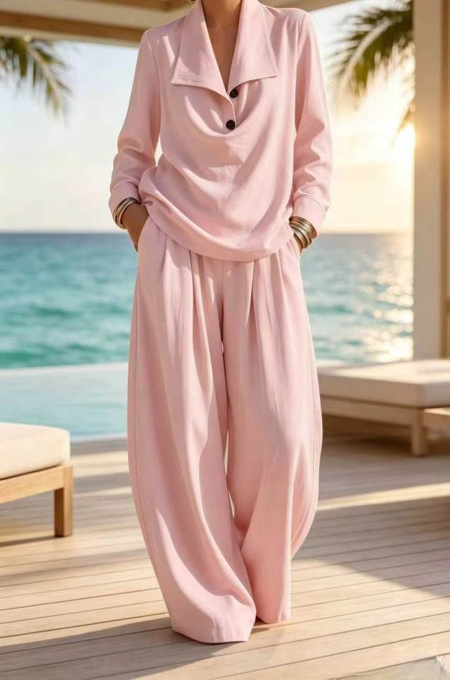 Ottilie™ Collared Pullover Top and Wide Leg Pants Set in Pink