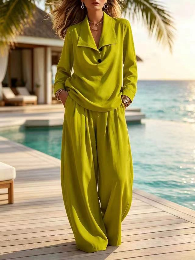 Ottilie™ Collared Pullover Top and Wide Leg Pants Set in Lime