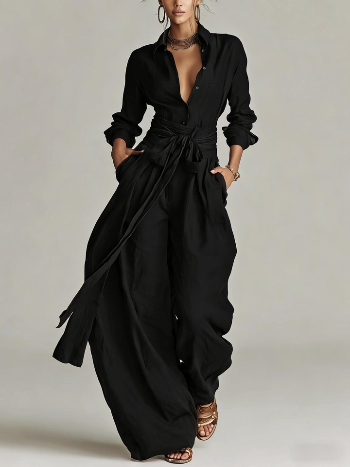 Betty | Tie-Waist Shirt and Wide-Leg Pants Two-Piece Set for Women