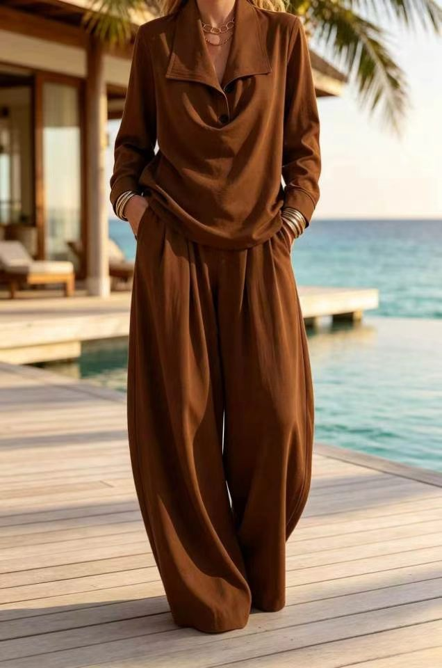 Ottilie™ Collared Pullover Top and Wide Leg Pants Set in Brown