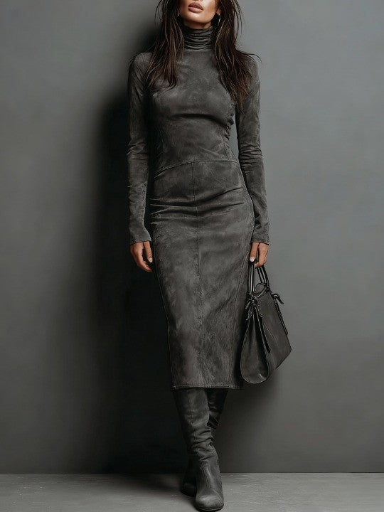 Robine | High-Neck Long Sleeve Suede Midi Dress