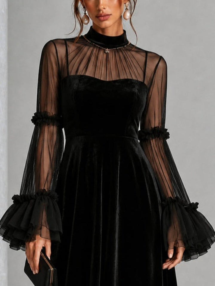 Berenice | Velvet Midi Dress with Tulle Sleeves