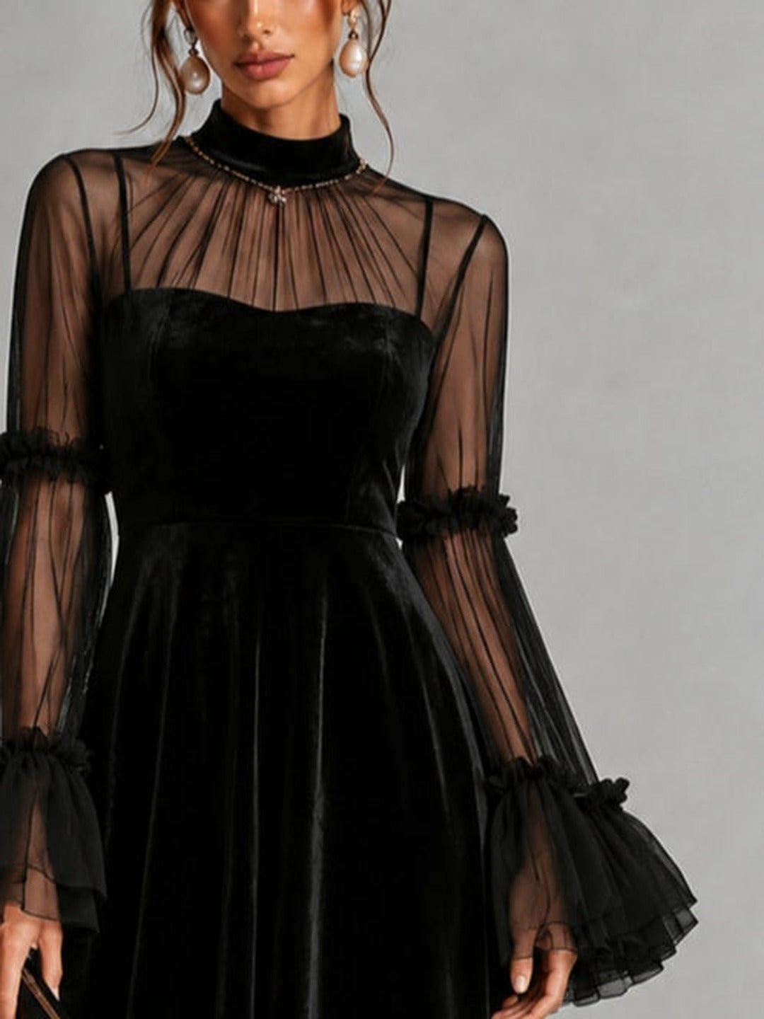 Berenice | Velvet Midi Dress with Tulle Sleeves