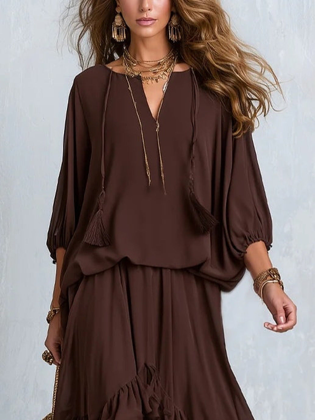 Dalila | Chiffon Top and Diagonal Ruffle Skirt Set