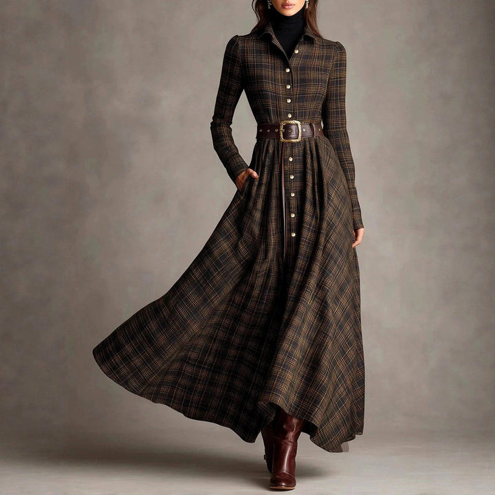 Monica | Plaid Belted Long Sleeve Maxi Dress