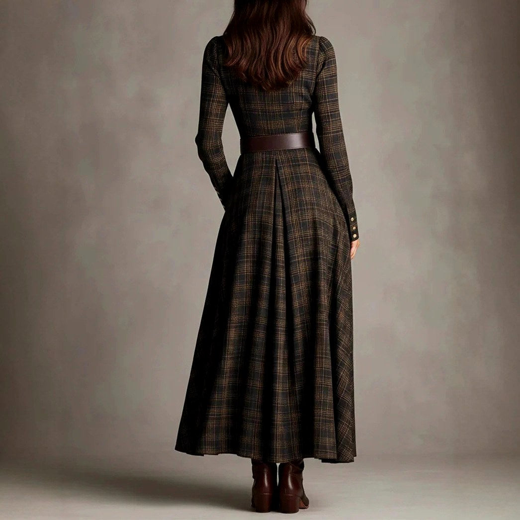 Monica | Plaid Belted Long Sleeve Maxi Dress