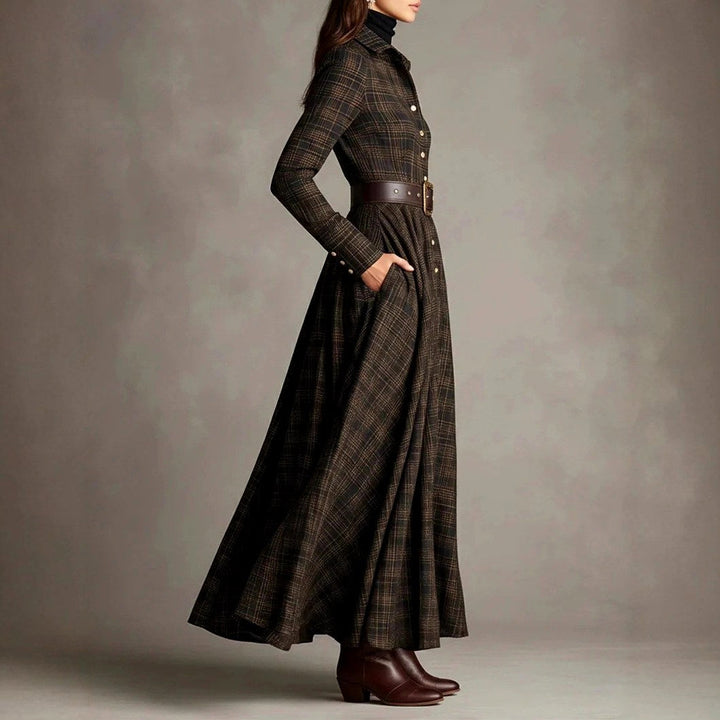 Monica | Plaid Belted Long Sleeve Maxi Dress