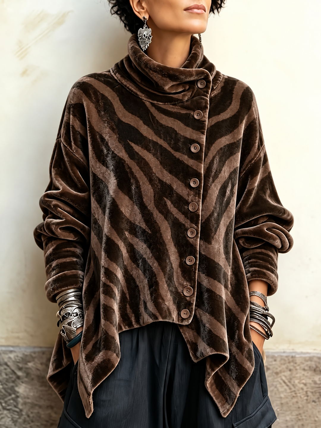 Tavora™ | Animal Stripe Cowl Neck Tunic Top