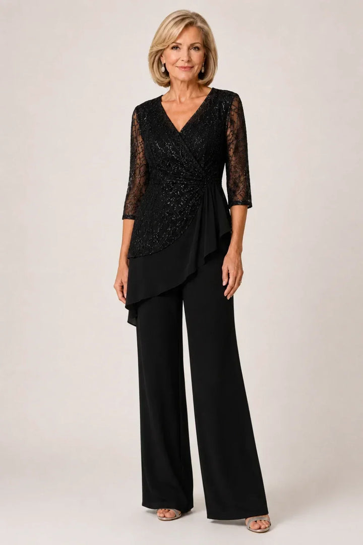 Velinda | Lace Pants Set with Sheer Sleeves