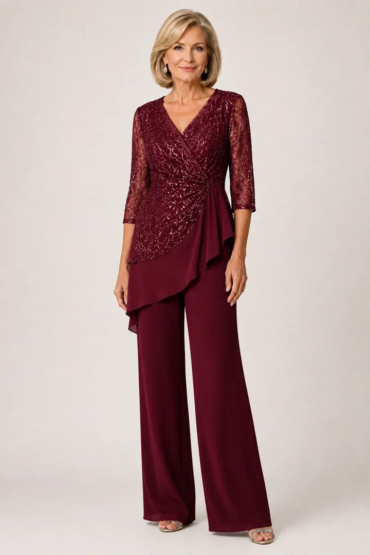 Velinda | Lace Pants Set with Sheer Sleeves
