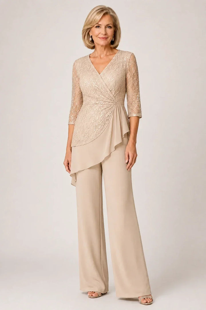 Velinda | Lace Pants Set with Sheer Sleeves